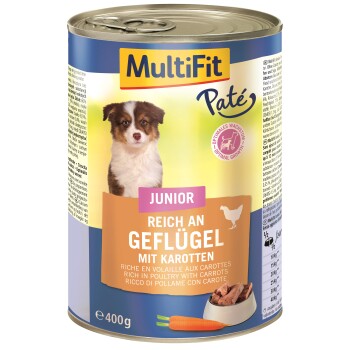 Dosen-Hundefutter mit der Aufschrift "MultiFit Paté," mit einem Welpen-Graphic, mit dem Text "Junior, reich an Geflügel mit Karotten" in mehreren Sprachen.